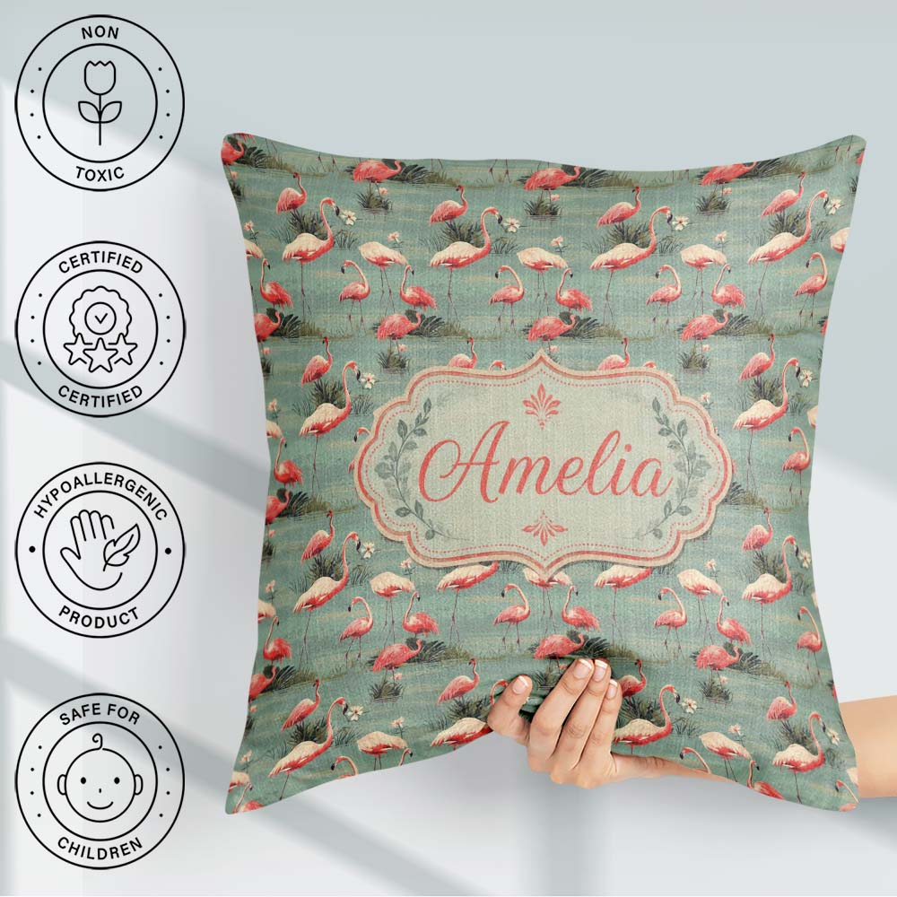 Custom Name Elegant Flamingo Birds Wetland Seamless Pattern Name Square Filled Cushion Throw Pillow Sofa Bed Home Decor Zip Washable UK Made