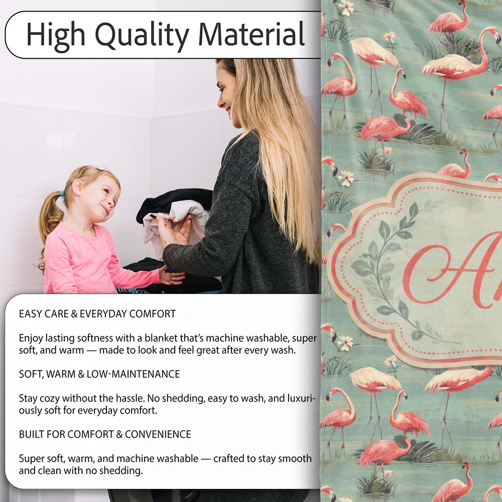 Elegant Flamingo Birds Wetland Nature Seamless Pattern Name Cute Personalised Custom Name Super Soft Fleece Blanket Bed Sofa Throw