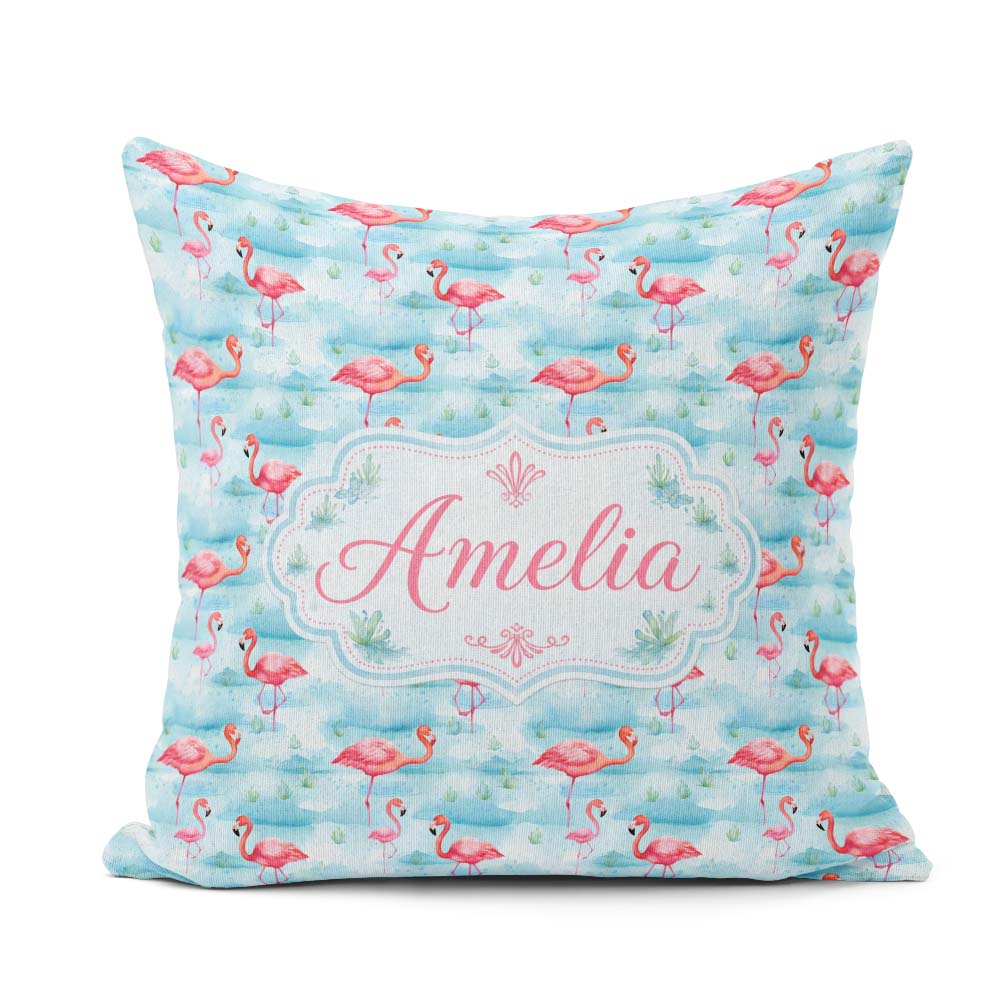 Custom Name Pink Flamingo Birds in Soft Blue Watercolor Seamless Square Filled Cushion Throw Pillow Sofa Bed Home Decor Zip Washable UK Made