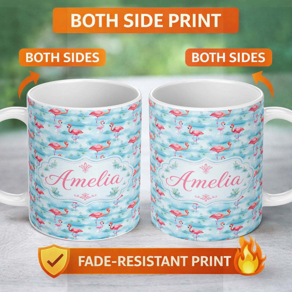 Personalized Custom Name Cute Pink Flamingo Birds in Soft Blue Watercolor Lagoon Seamless 11oz Ceramic Coffee Tea Mug White Large Handle