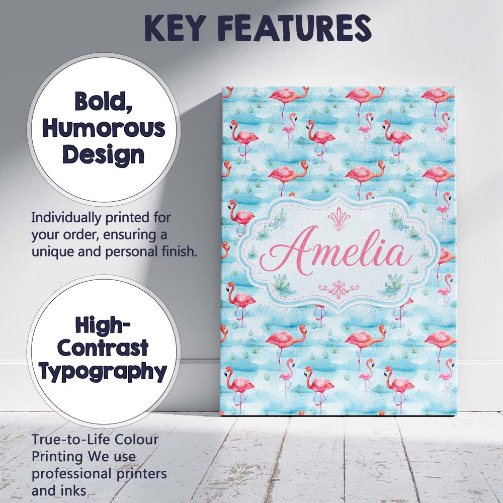 Personalised Name Cute Pink Flamingo Birds Custom Unique Gift Idea Elegant Feature Canvas Wall Art Print Decor Picture Ready to Hang