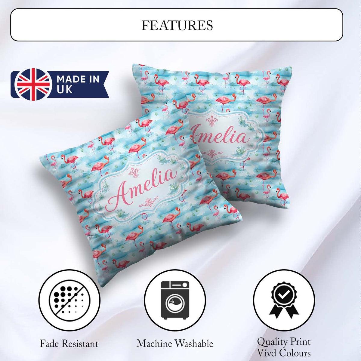 Custom Name Pink Flamingo Birds in Soft Blue Watercolor Seamless Square Filled Cushion Throw Pillow Sofa Bed Home Decor Zip Washable UK Made