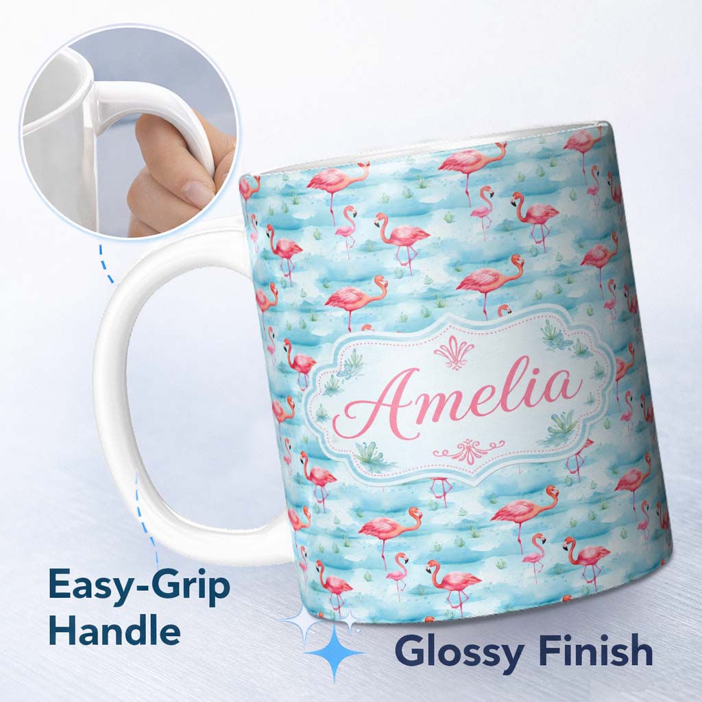 Personalized Custom Name Cute Pink Flamingo Birds in Soft Blue Watercolor Lagoon Seamless 11oz Ceramic Coffee Tea Mug White Large Handle
