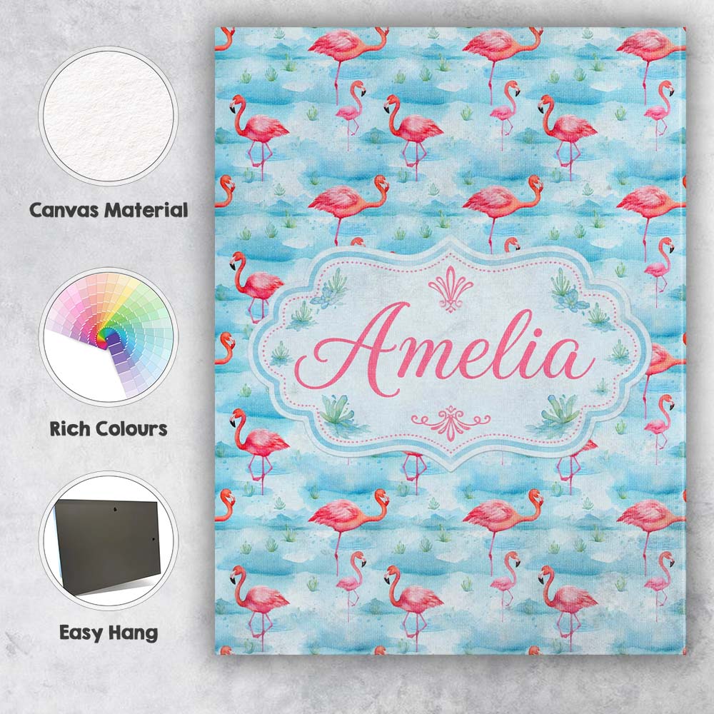 Personalised Name Cute Pink Flamingo Birds Custom Unique Gift Idea Elegant Feature Canvas Wall Art Print Decor Picture Ready to Hang