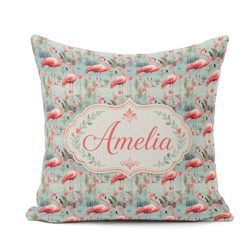 Custom Name Elegant Flamingo Birds with Floral Wetland Seamless Square Filled Cushion Throw Pillow Sofa Bed Home Decor Zip Washable UK Made