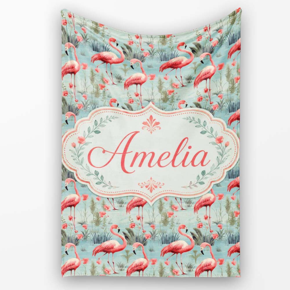 Elegant Flamingo Birds with Floral Wetland Background Seamless Personalised Custom Name Super Soft Fleece Blanket Bed Sofa Throw