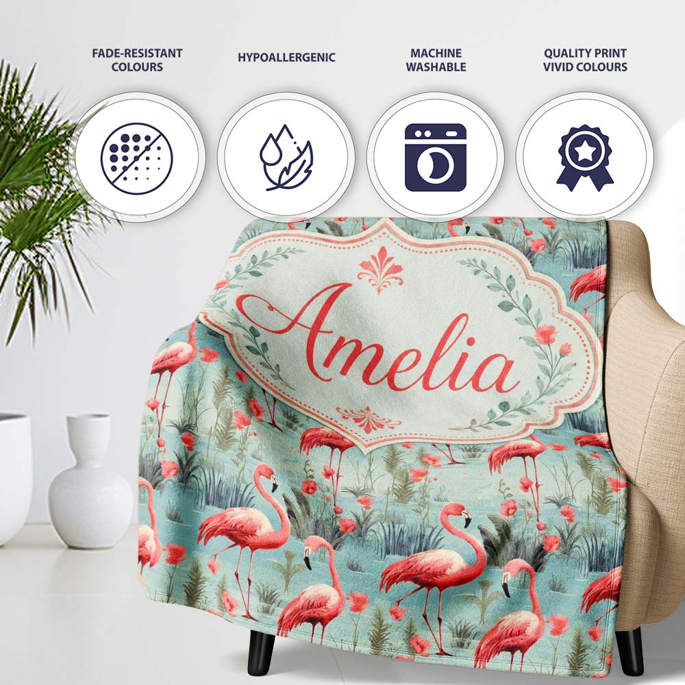 Elegant Flamingo Birds with Floral Wetland Background Seamless Personalised Custom Name Super Soft Fleece Blanket Bed Sofa Throw