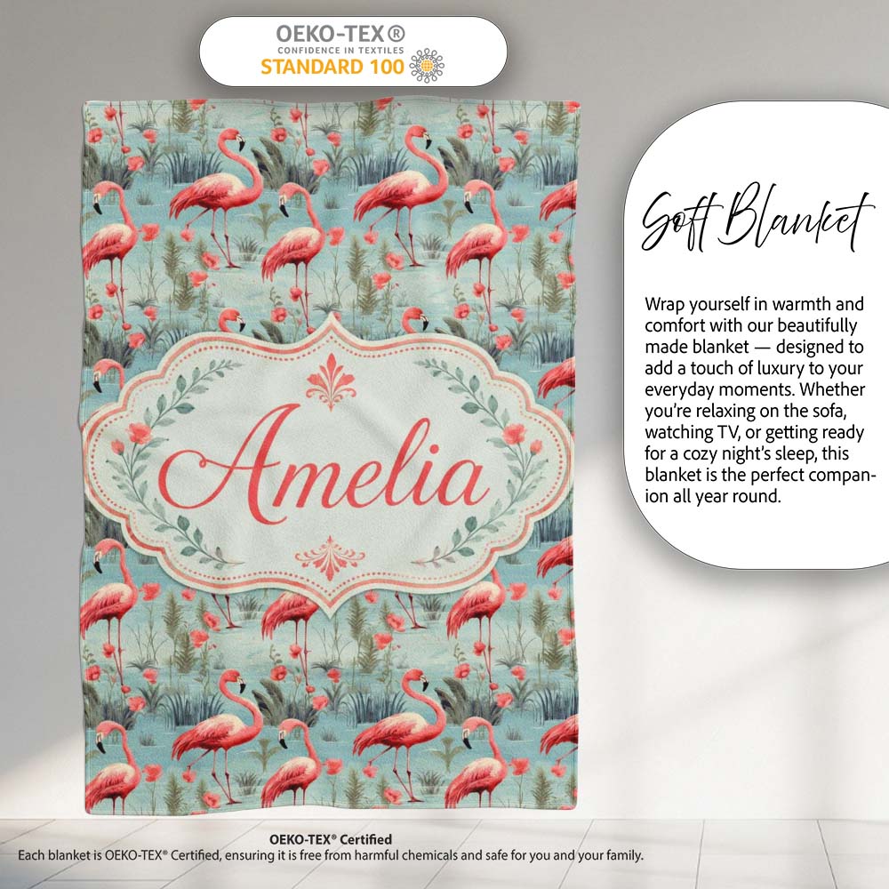 Elegant Flamingo Birds with Floral Wetland Background Seamless Personalised Custom Name Super Soft Fleece Blanket Bed Sofa Throw