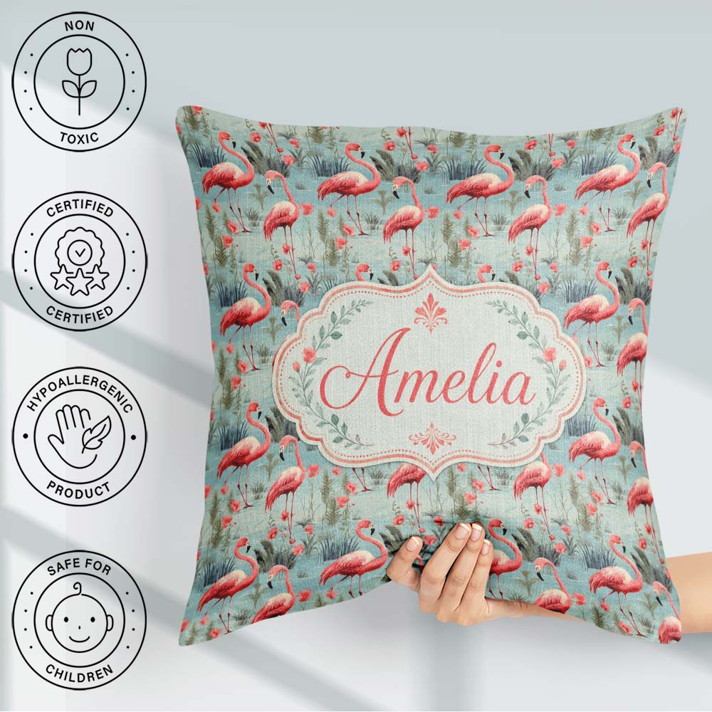 Custom Name Elegant Flamingo Birds with Floral Wetland Seamless Square Filled Cushion Throw Pillow Sofa Bed Home Decor Zip Washable UK Made
