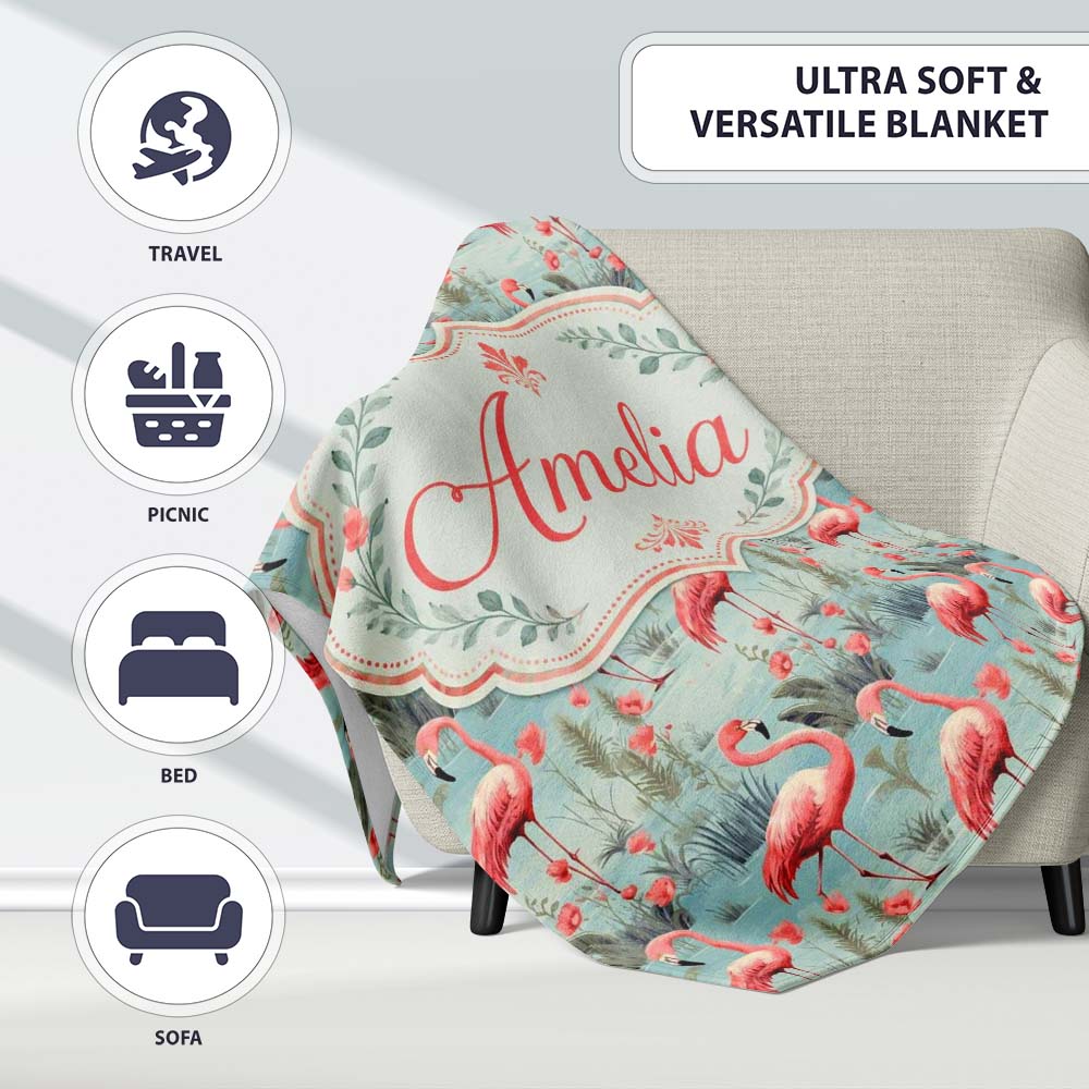 Elegant Flamingo Birds with Floral Wetland Background Seamless Personalised Custom Name Super Soft Fleece Blanket Bed Sofa Throw