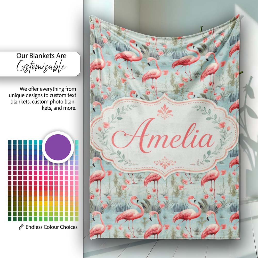 Elegant Flamingo Birds with Floral Wetland Background Seamless Personalised Custom Name Super Soft Fleece Blanket Bed Sofa Throw