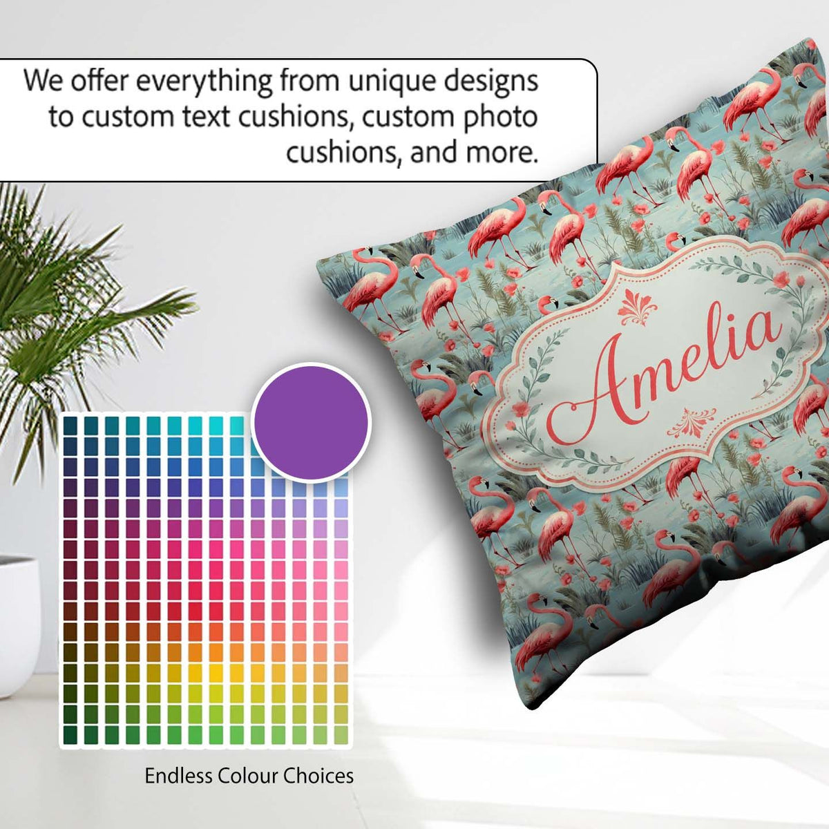 Custom Name Elegant Flamingo Birds with Floral Wetland Seamless Square Filled Cushion Throw Pillow Sofa Bed Home Decor Zip Washable UK Made