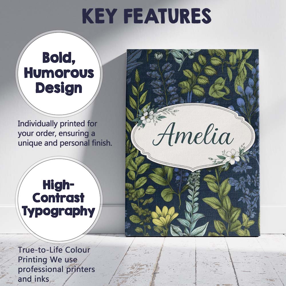Personalised Name Elegant Botanical Leaves Blue Green Floral Seamless Custom Home Unique Canvas Wall Art Print Decor Picture Ready to Hang