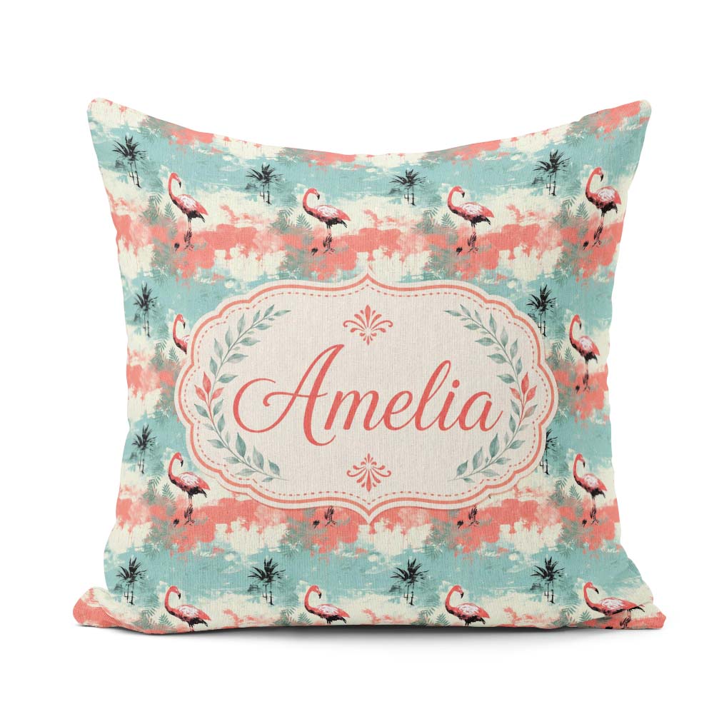 Custom Name Artistic Flamingo Silhouettes with Abstract Tropical Square Filled Cushion Throw Pillow Sofa Bed Home Decor Zip Washable UK Made