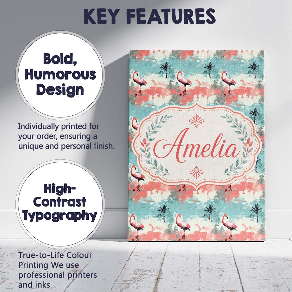 Personalised Name Artistic Flamingo Silhouettes with Abstract Premium Decorative Design Canvas Wall Art Print Decor Picture Ready to Hang