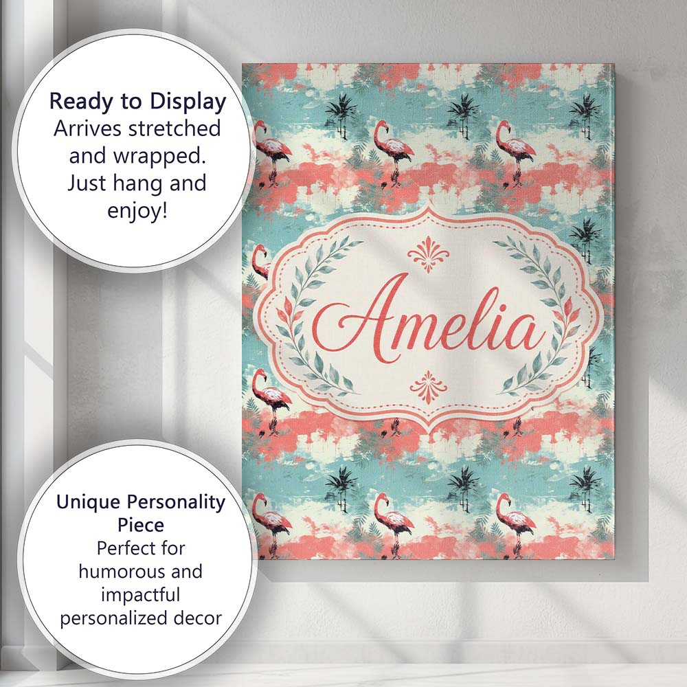 Personalised Name Artistic Flamingo Silhouettes with Abstract Premium Decorative Design Canvas Wall Art Print Decor Picture Ready to Hang