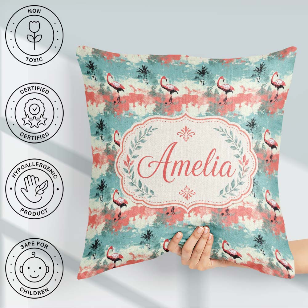 Custom Name Artistic Flamingo Silhouettes with Abstract Tropical Square Filled Cushion Throw Pillow Sofa Bed Home Decor Zip Washable UK Made
