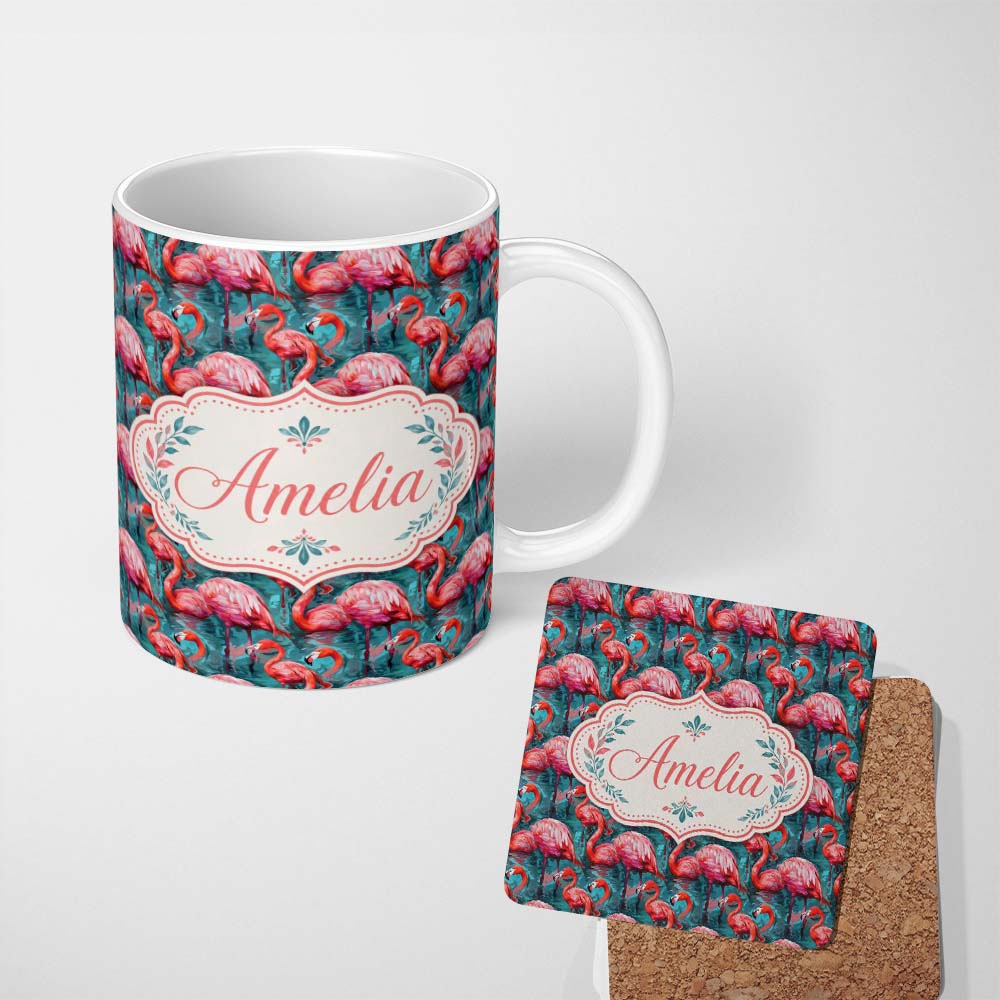 Personalized Custom Name Vivid Pink Flamingo Flock in Deep Teal Water Seamless Pattern Name 11oz Ceramic Coffee Tea Mug White Large Handle