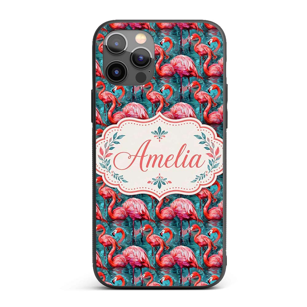 Vivid Pink Flamingo Flock in Deep Teal Water Custom Name Protective Phone Case Mobile Cover Durable Everyday Smartphone Shock Resistant