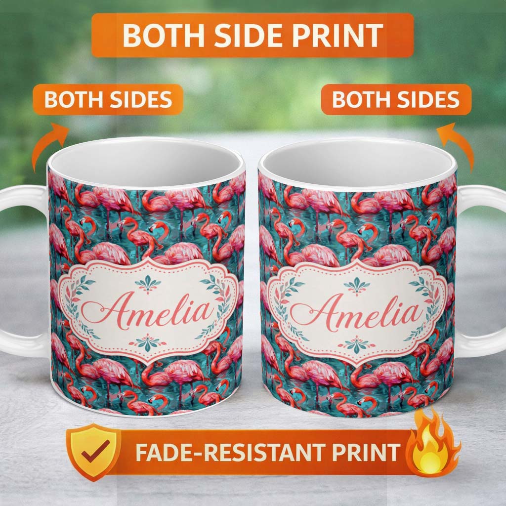 Personalized Custom Name Vivid Pink Flamingo Flock in Deep Teal Water Seamless Pattern Name 11oz Ceramic Coffee Tea Mug White Large Handle