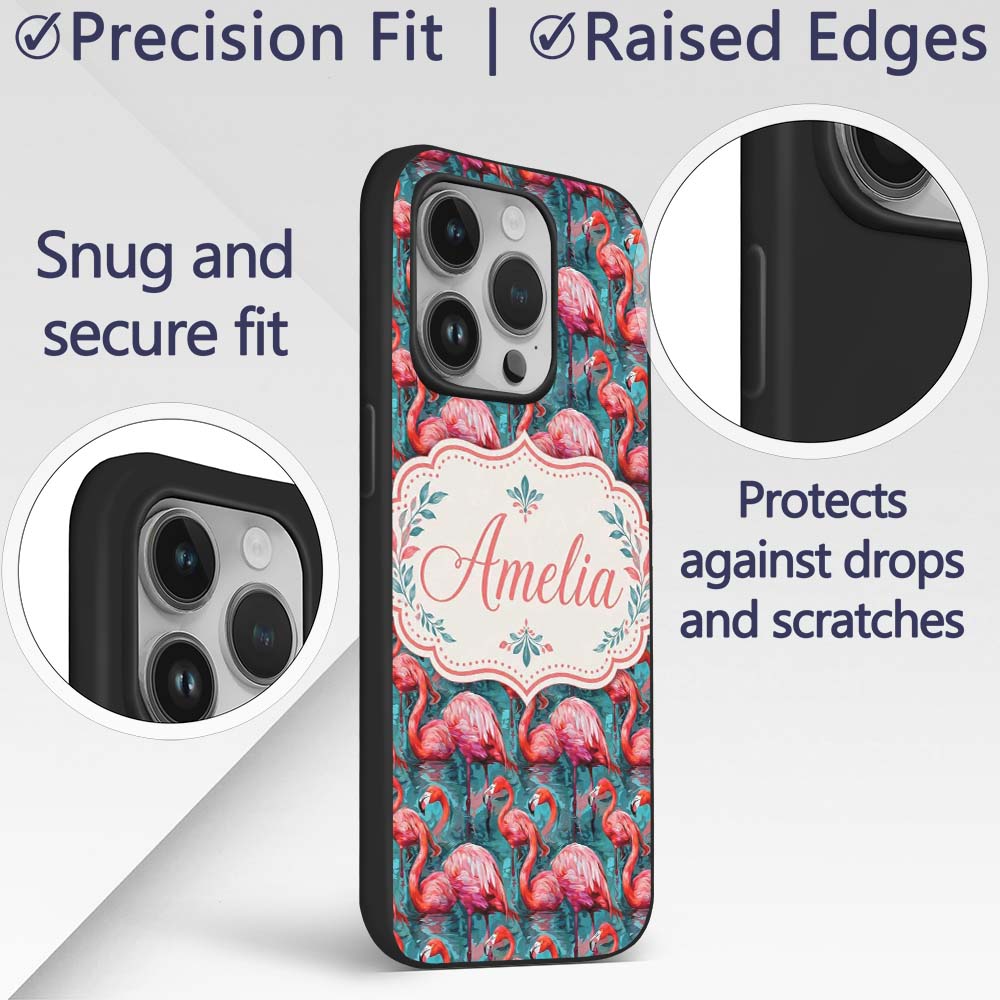 Vivid Pink Flamingo Flock in Deep Teal Water Custom Name Protective Phone Case Mobile Cover Durable Everyday Smartphone Shock Resistant