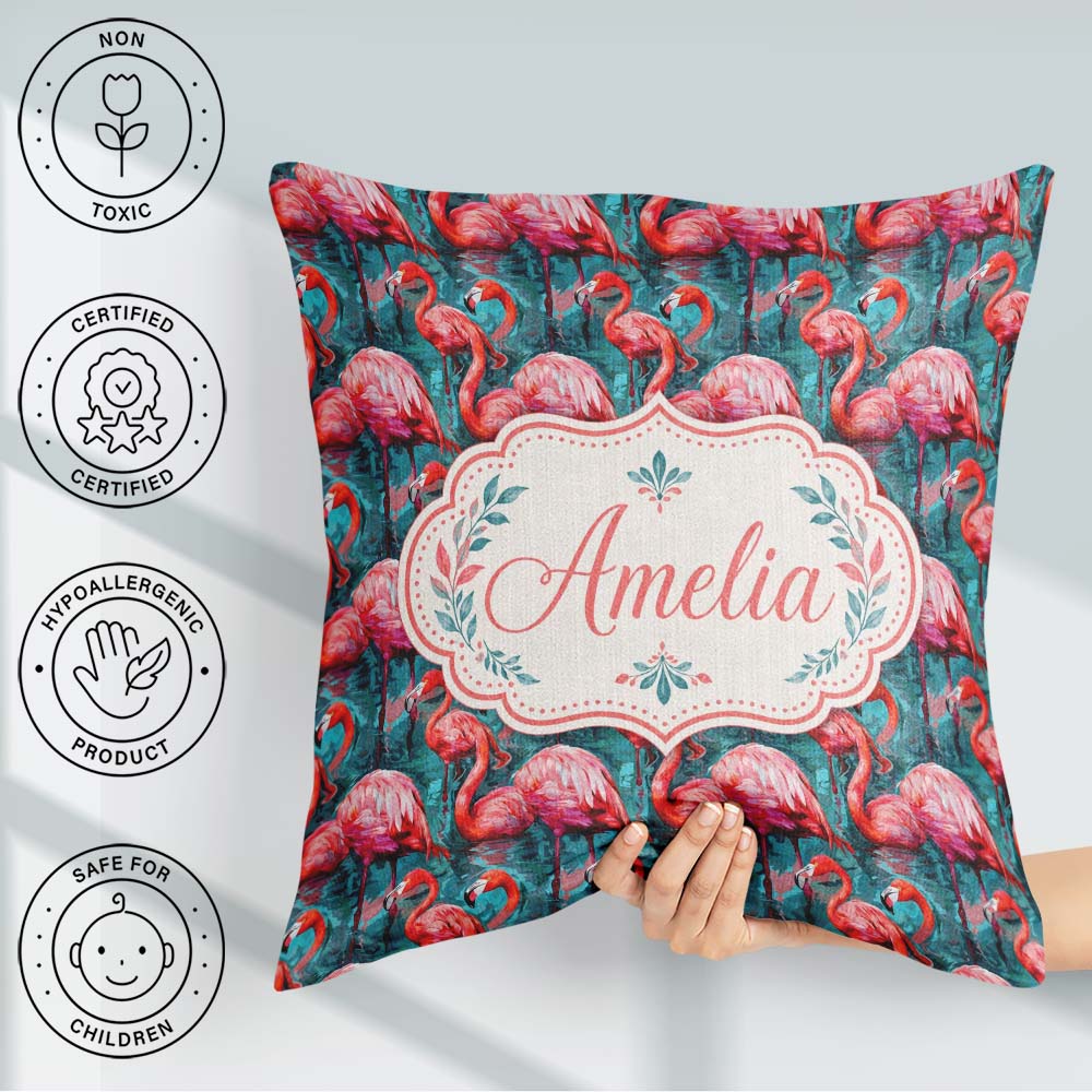 Custom Name Vivid Pink Flamingo Flock in Deep Teal Water Pattern Square Filled Cushion Throw Pillow Sofa Bed Home Decor Zip Washable UK Made