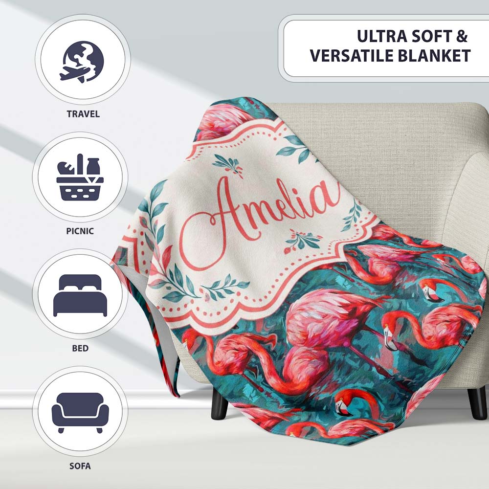 Vivid Pink Flamingo Flock in Deep Teal Water Seamless Pattern Name Personalised Custom Name Super Soft Fleece Blanket Bed Sofa Throw