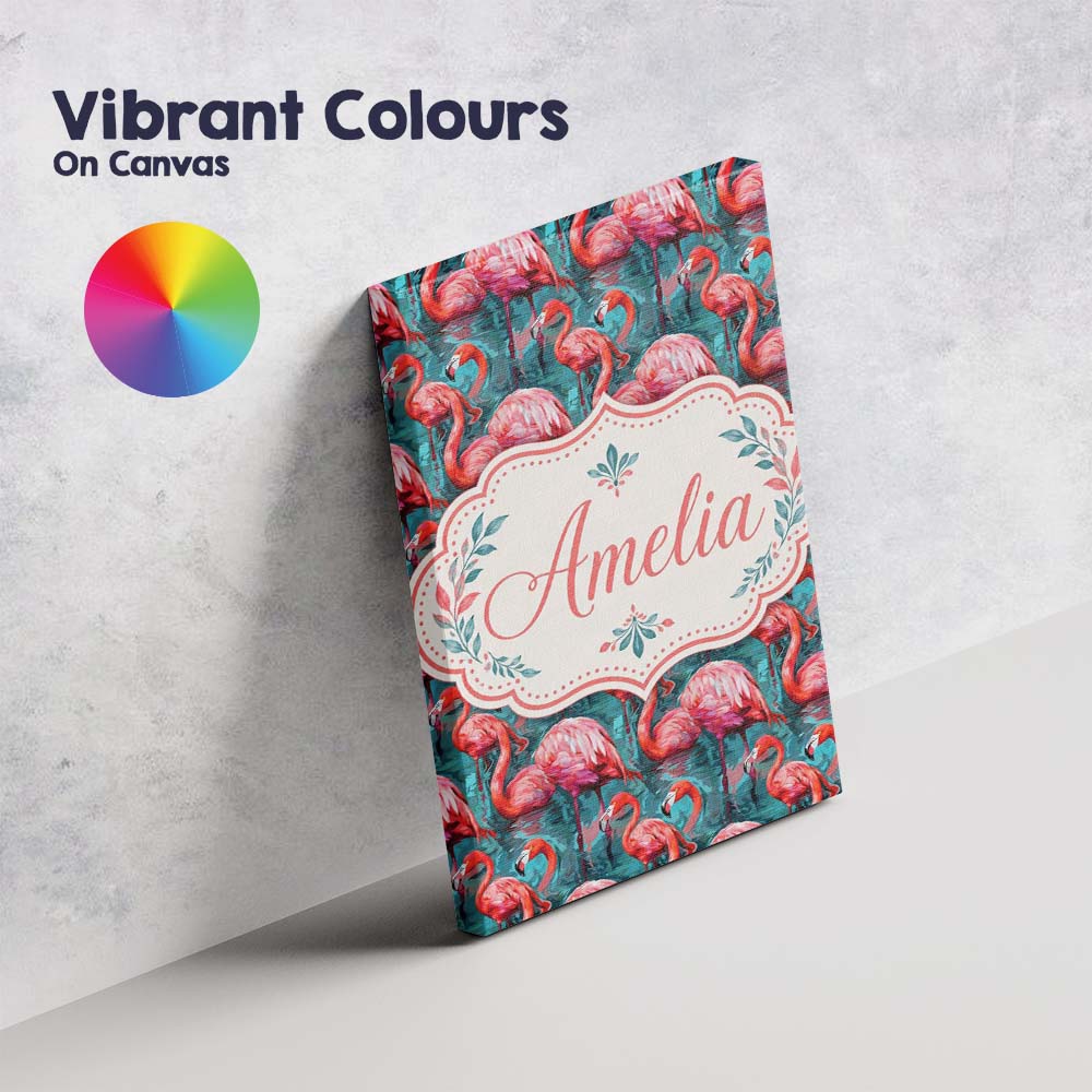 Personalised Name Vivid Pink Flamingo Flock Custom Bespoke Interior Contemporary Canvas Wall Art Print Decor Picture Ready to Hang