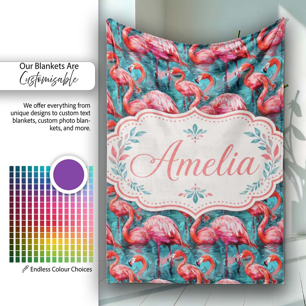 Vivid Pink Flamingo Flock in Deep Teal Water Seamless Pattern Name Personalised Custom Name Super Soft Fleece Blanket Bed Sofa Throw