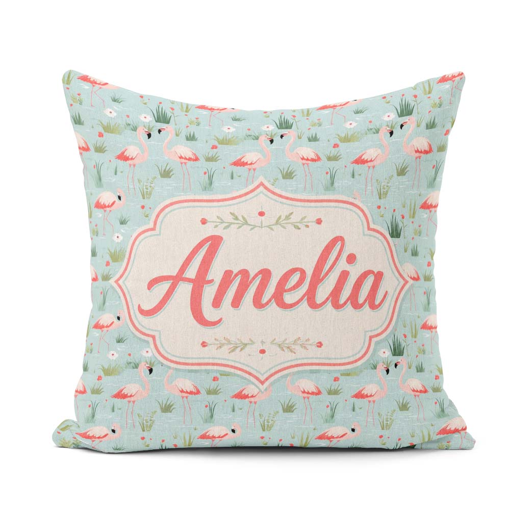 Custom Name Minimal Flamingo Birds with Soft Pastel Nature Scene Square Filled Cushion Throw Pillow Sofa Bed Home Decor Zip Washable UK Made