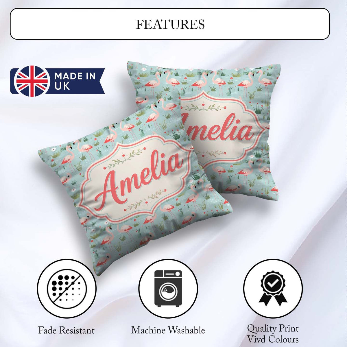 Custom Name Minimal Flamingo Birds with Soft Pastel Nature Scene Square Filled Cushion Throw Pillow Sofa Bed Home Decor Zip Washable UK Made