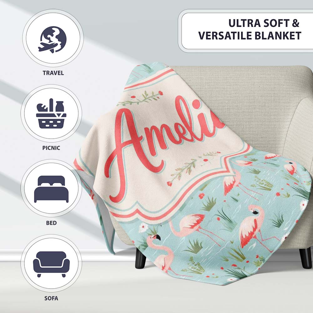 Minimal Flamingo Birds with Soft Pastel Nature Scene Seamless Personalised Custom Name Super Soft Fleece Blanket Bed Sofa Throw