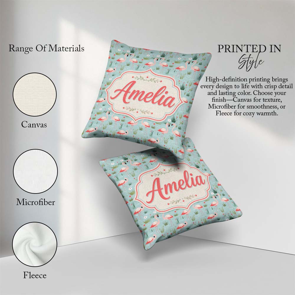Custom Name Minimal Flamingo Birds with Soft Pastel Nature Scene Square Filled Cushion Throw Pillow Sofa Bed Home Decor Zip Washable UK Made
