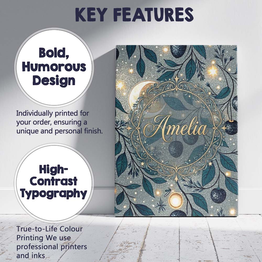 Personalised Name Celestial Leaves Moon Stars Night Sky Seamless Custom Interior Canvas Wall Art Print Decor Picture Ready to Hang