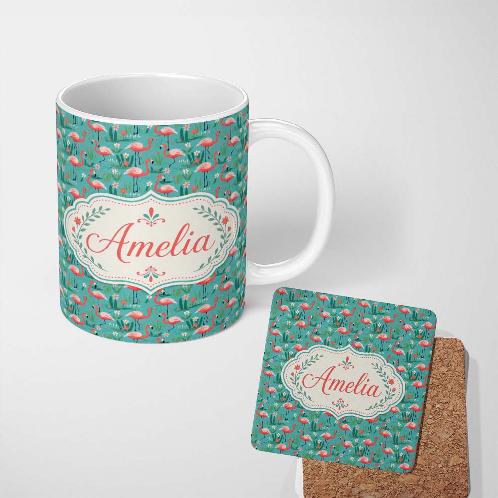 Personalized Custom Name Playful Flamingo Birds with Floral Garden Background Seamless 11oz Ceramic Coffee Tea Mug White Large Handle