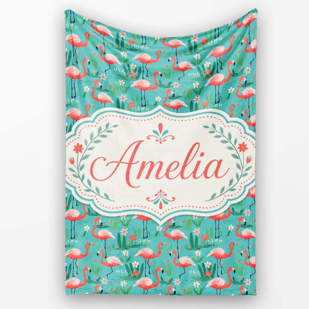 Playful Flamingo Birds with Floral Garden Background Seamless Personalised Custom Name Super Soft Fleece Blanket Bed Sofa Throw