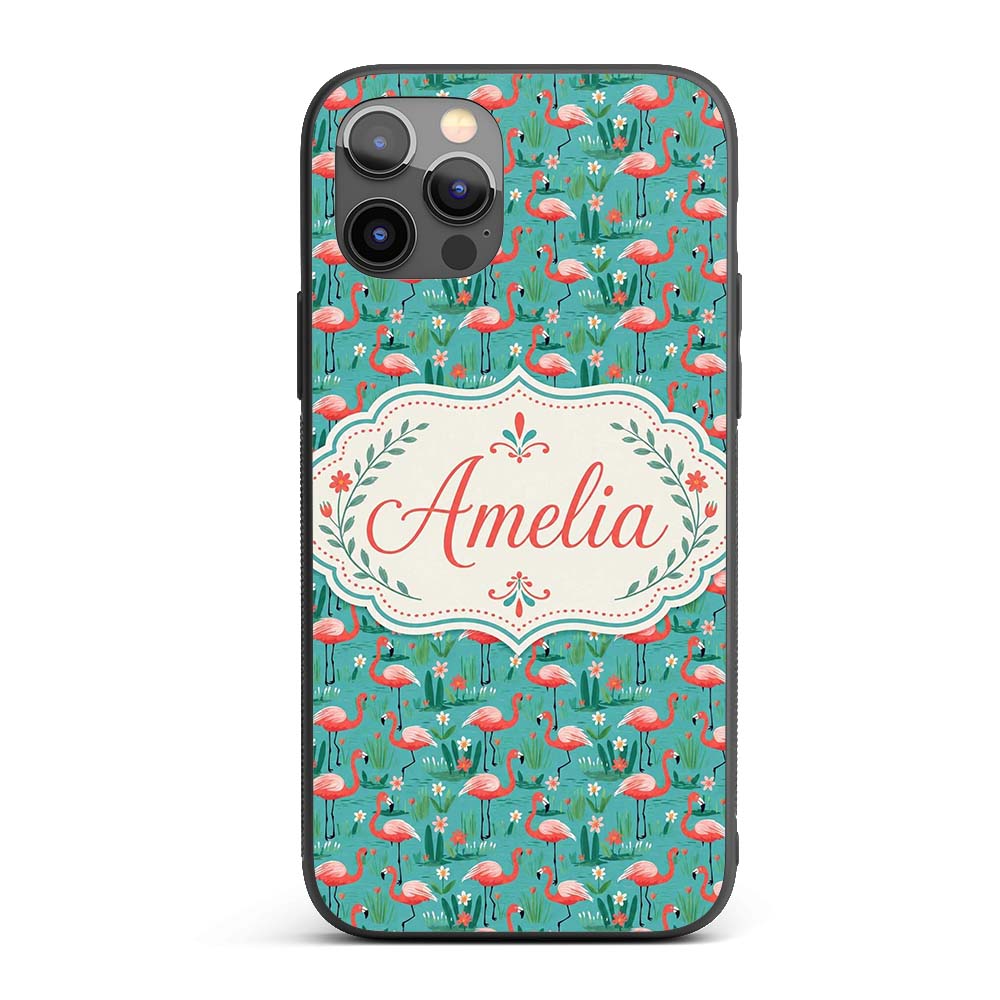 Playful Flamingo Birds with Floral Printed Design Custom Name Protective Phone Case Mobile Cover Durable Everyday Smartphone Shock Resistant