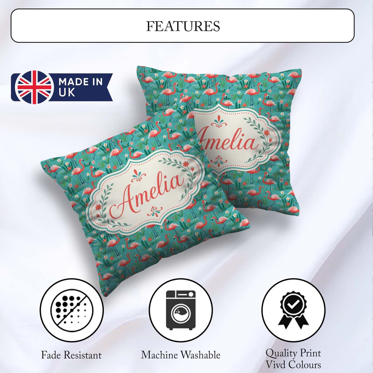Custom Name Playful Flamingo Birds with Floral Garden Background Square Filled Cushion Throw Pillow Sofa Bed Home Decor Zip Washable UK Made