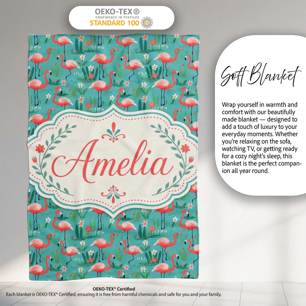 Playful Flamingo Birds with Floral Garden Background Seamless Personalised Custom Name Super Soft Fleece Blanket Bed Sofa Throw