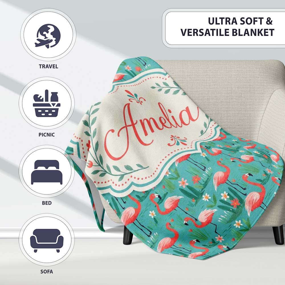 Playful Flamingo Birds with Floral Garden Background Seamless Personalised Custom Name Super Soft Fleece Blanket Bed Sofa Throw