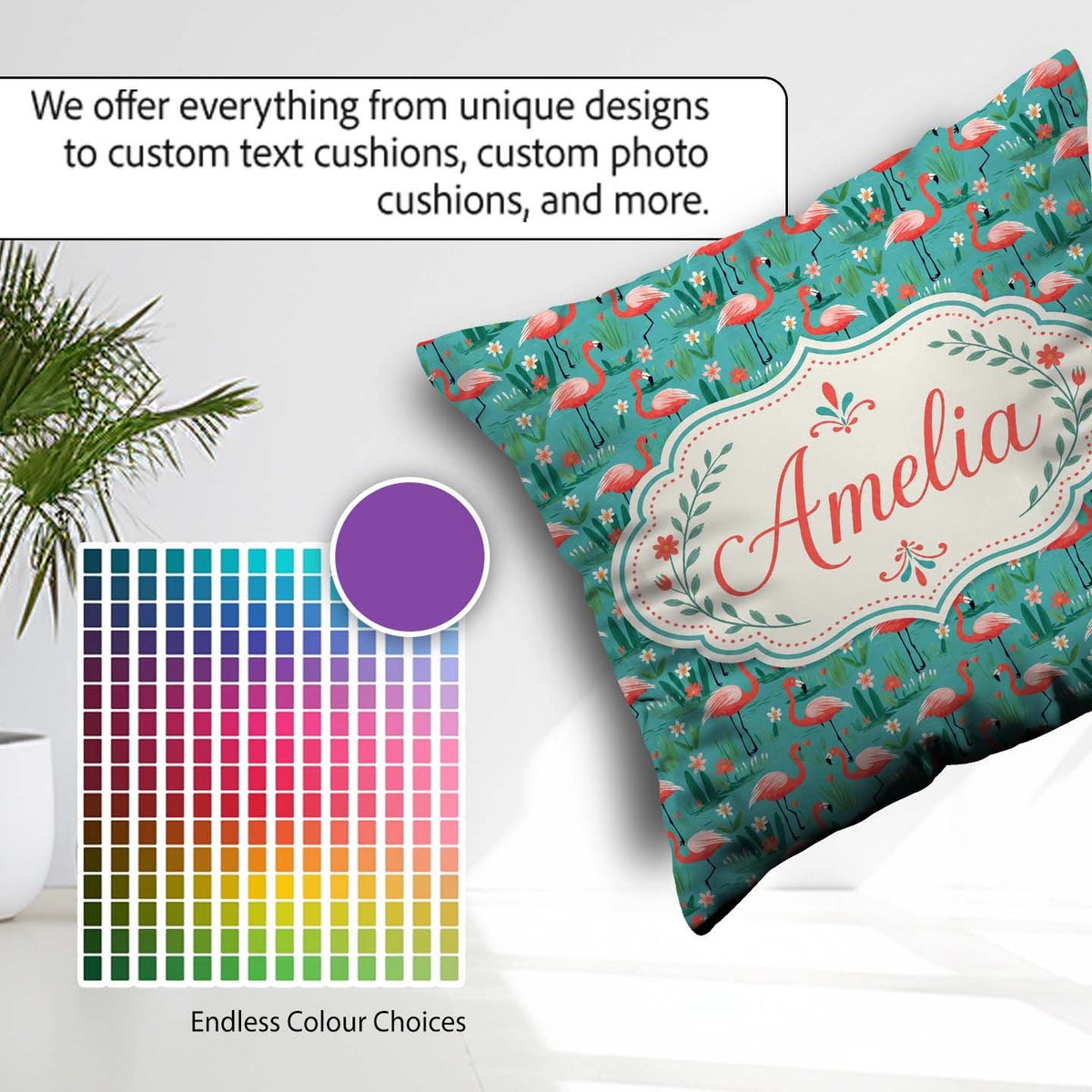 Custom Name Playful Flamingo Birds with Floral Garden Background Square Filled Cushion Throw Pillow Sofa Bed Home Decor Zip Washable UK Made