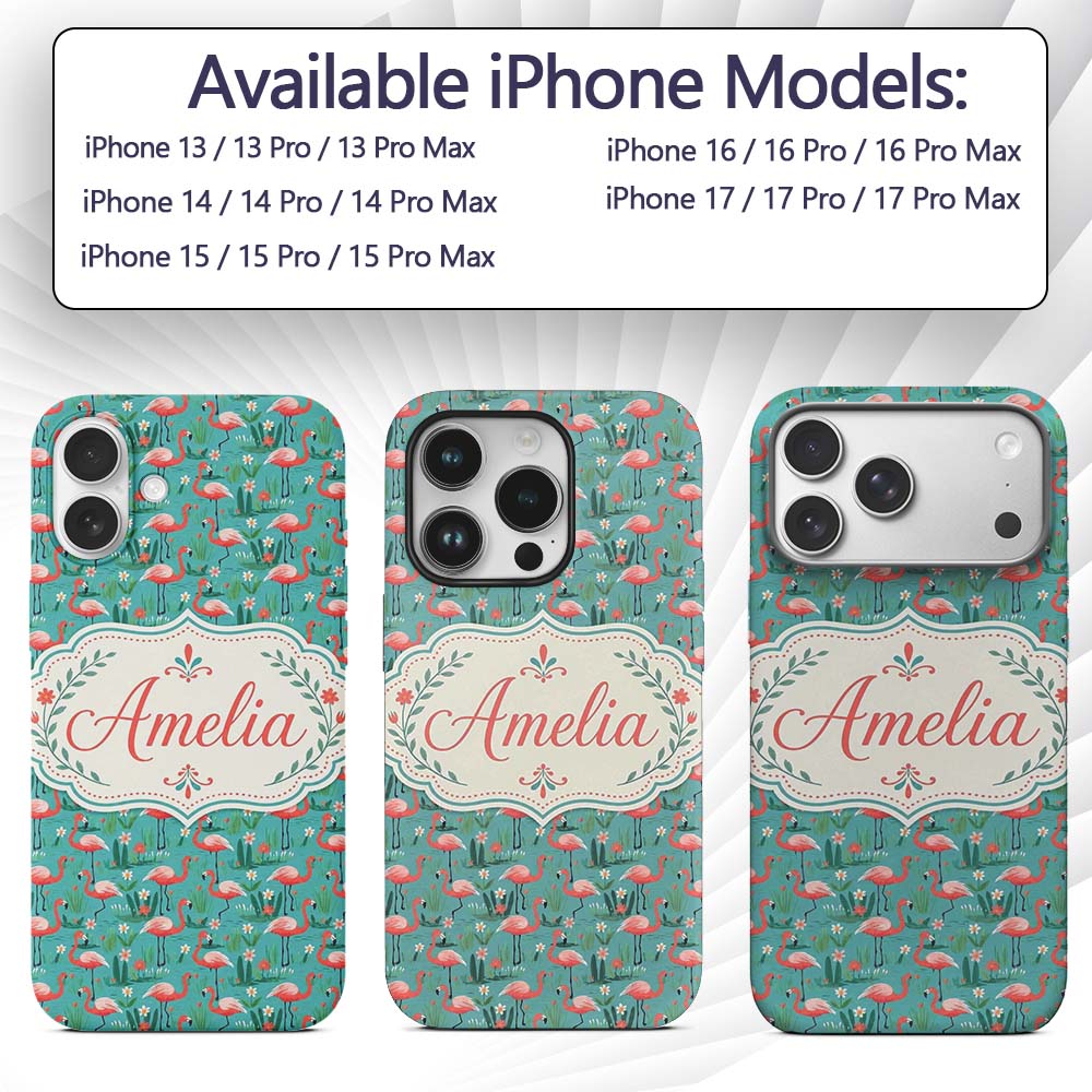 Playful Flamingo Birds with Floral Printed Design Custom Name Protective Phone Case Mobile Cover Durable Everyday Smartphone Shock Resistant