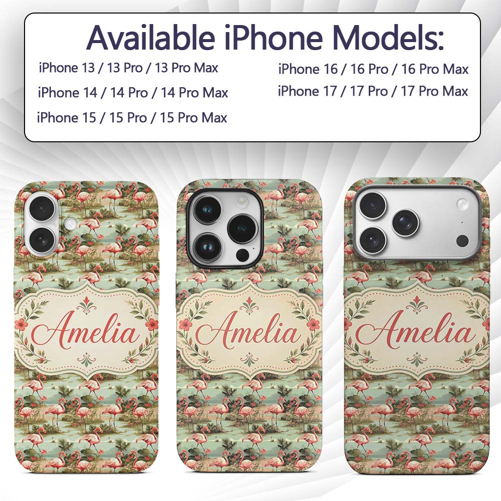 Tropical Flamingo Birds with Exotic Plants Scene Custom Name Protective Phone Case Mobile Cover Durable Everyday Smartphone Shock Resistant
