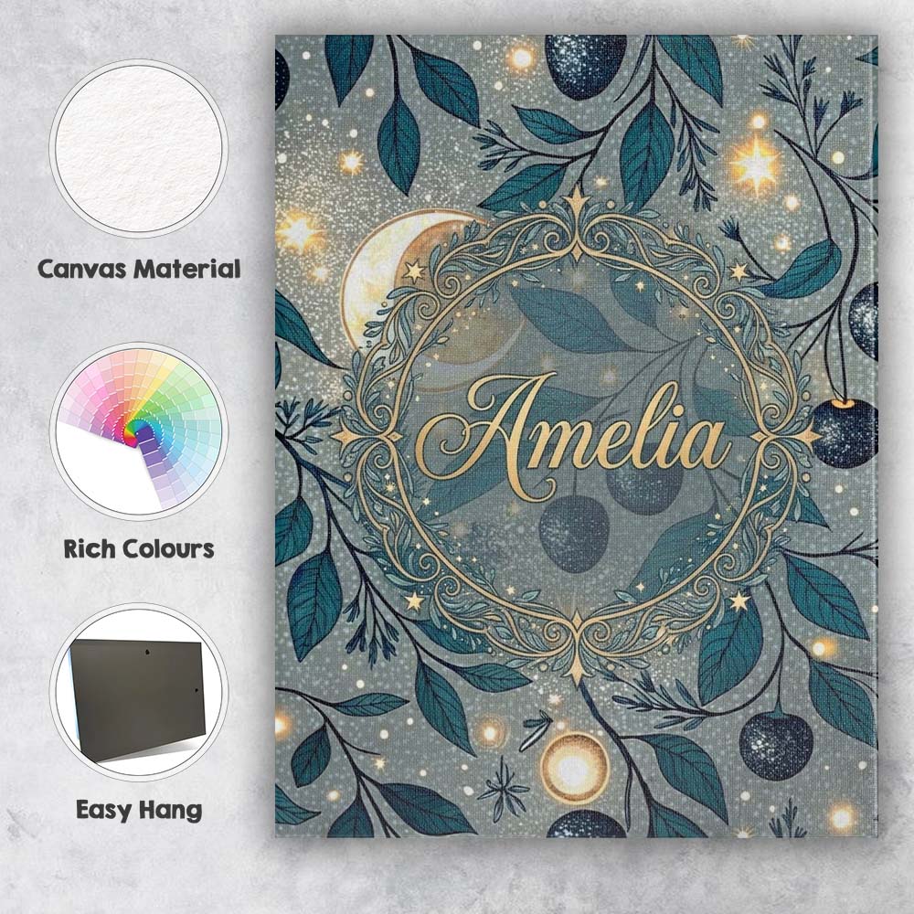 Personalised Name Celestial Leaves Moon Stars Night Sky Seamless Custom Interior Canvas Wall Art Print Decor Picture Ready to Hang