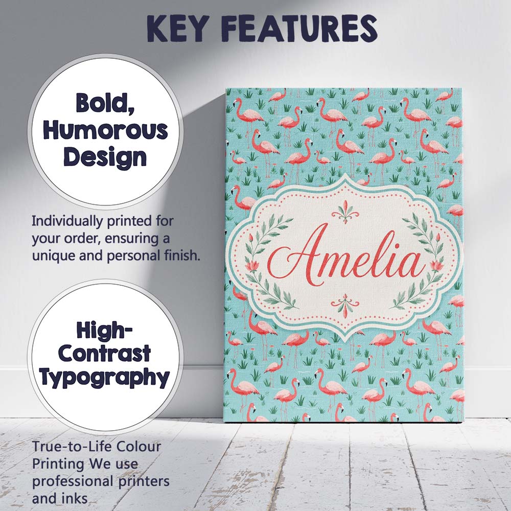 Personalised Name Classic Flamingo Birds in Custom Bespoke Interior Contemporary Canvas Wall Art Print Decor Picture Ready to Hang