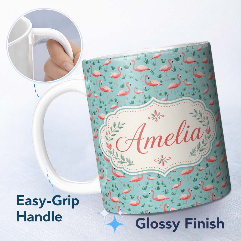 Personalized Custom Name Classic Flamingo Birds in Marshland Setting Seamless Pattern Name 11oz Ceramic Coffee Tea Mug White Large Handle