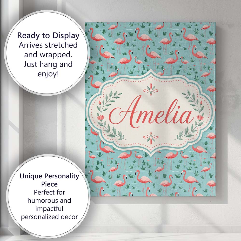 Personalised Name Classic Flamingo Birds in Custom Bespoke Interior Contemporary Canvas Wall Art Print Decor Picture Ready to Hang