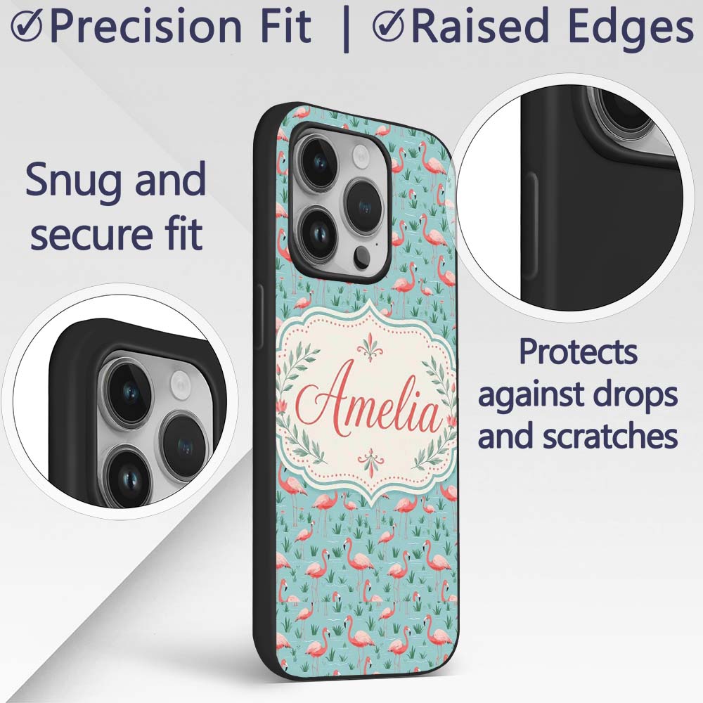 Classic Flamingo Birds in Marshland Setting Printed Design Custom Name Protective Phone Case Mobile Cover Durable Smartphone Shock Resistant