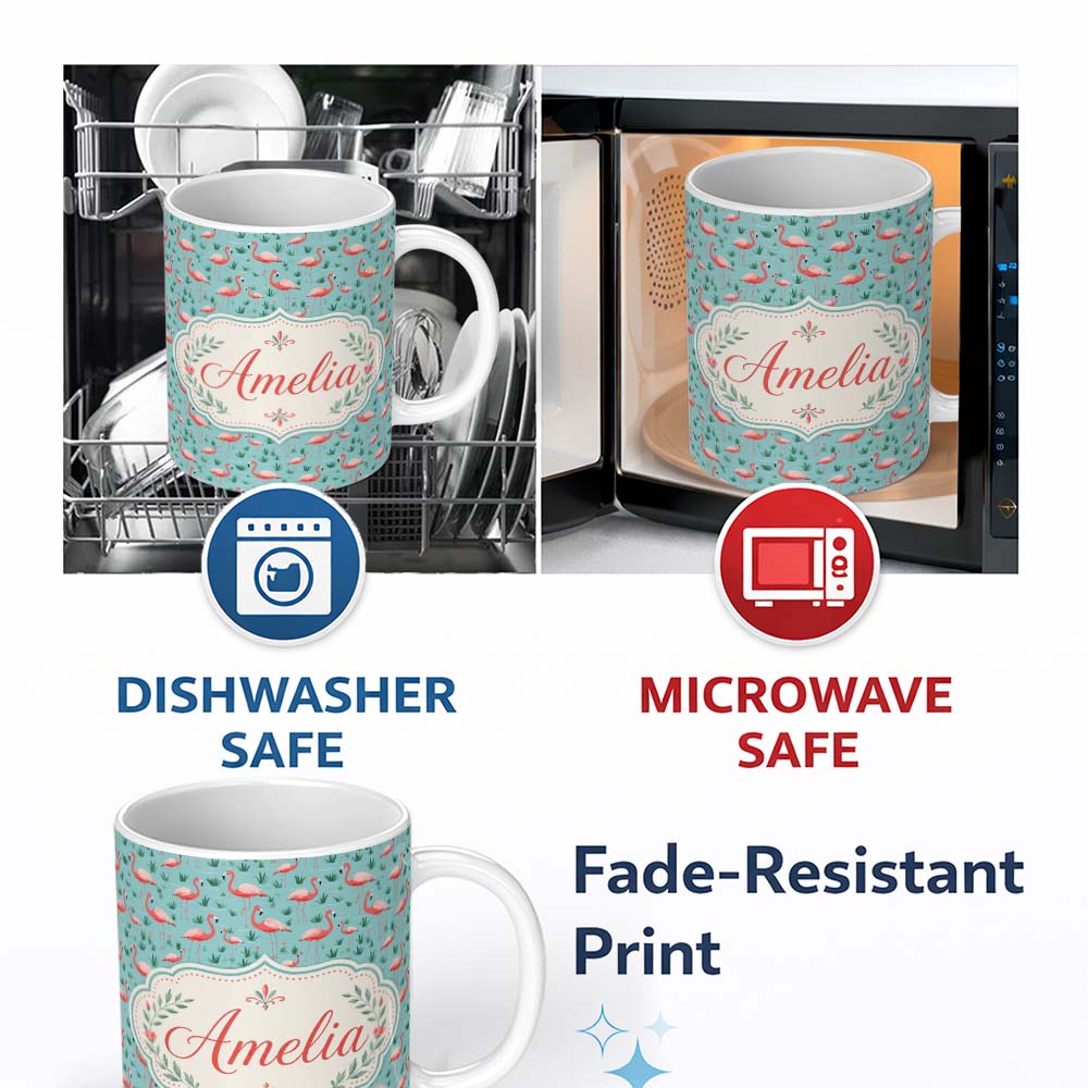 Personalized Custom Name Classic Flamingo Birds in Marshland Setting Seamless Pattern Name 11oz Ceramic Coffee Tea Mug White Large Handle