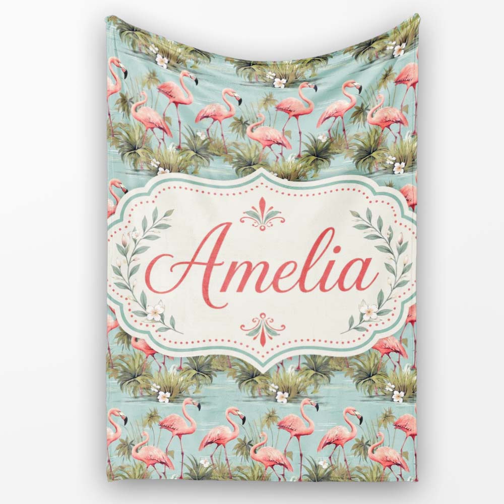 Soft Pink Flamingo Birds in Calm Water Scene Seamless Pattern Name Personalised Custom Name Super Soft Fleece Blanket Bed Sofa Throw